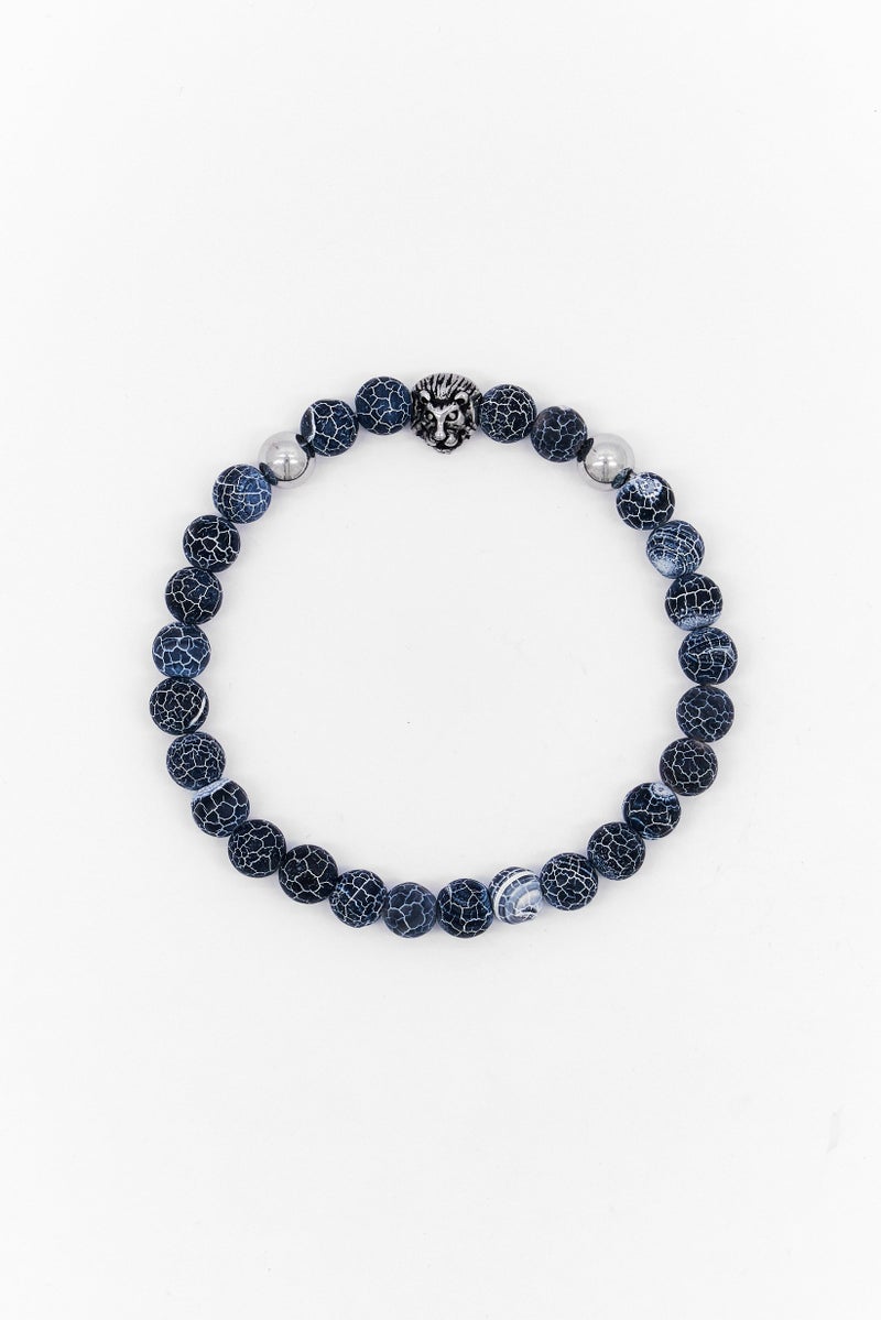 Steeltime Men Agate And Stainless Steel Lion Head Beaded Bracelet, Gray - Image 3